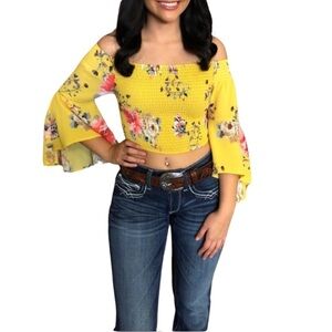 MOD Yellow Ditsy Floral Print Smocked Off Shoulder Top